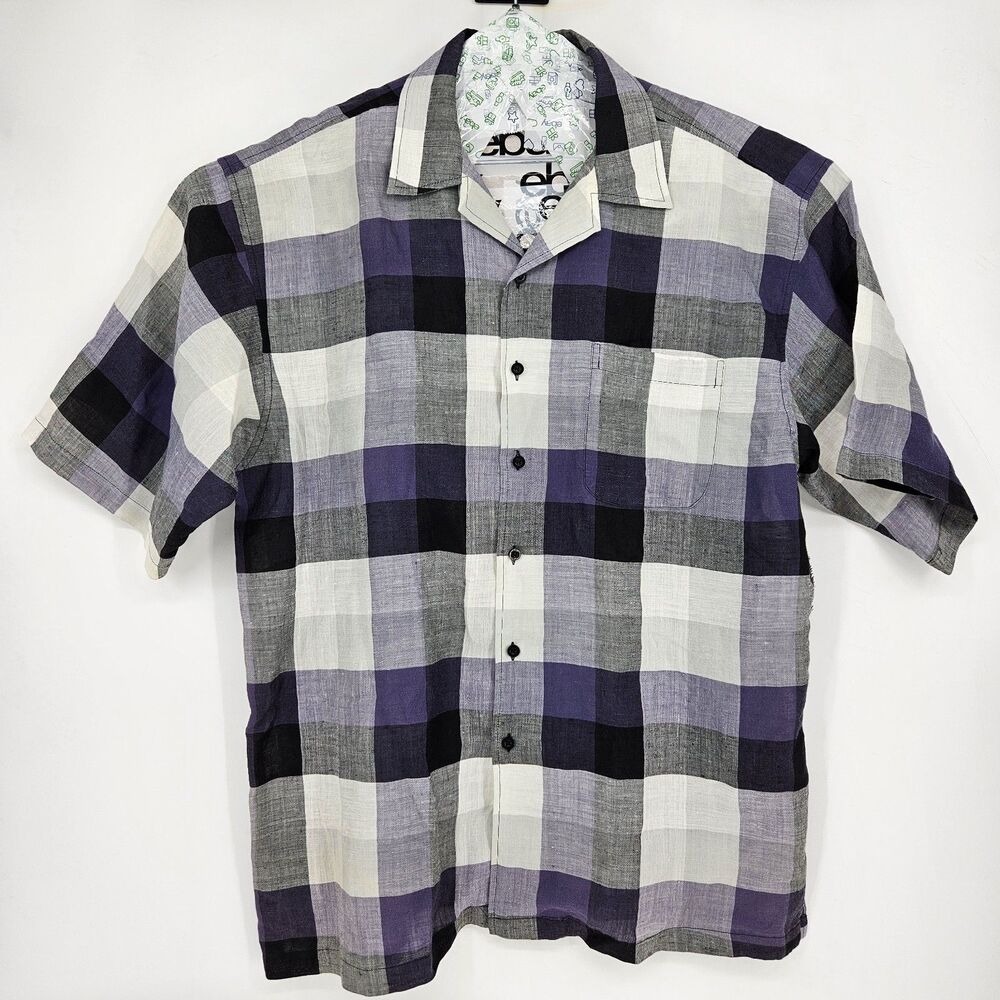 Godbody Collection‎ Shirt Mens 2XL Linen Button Up Short Sleeve Purple Checkered